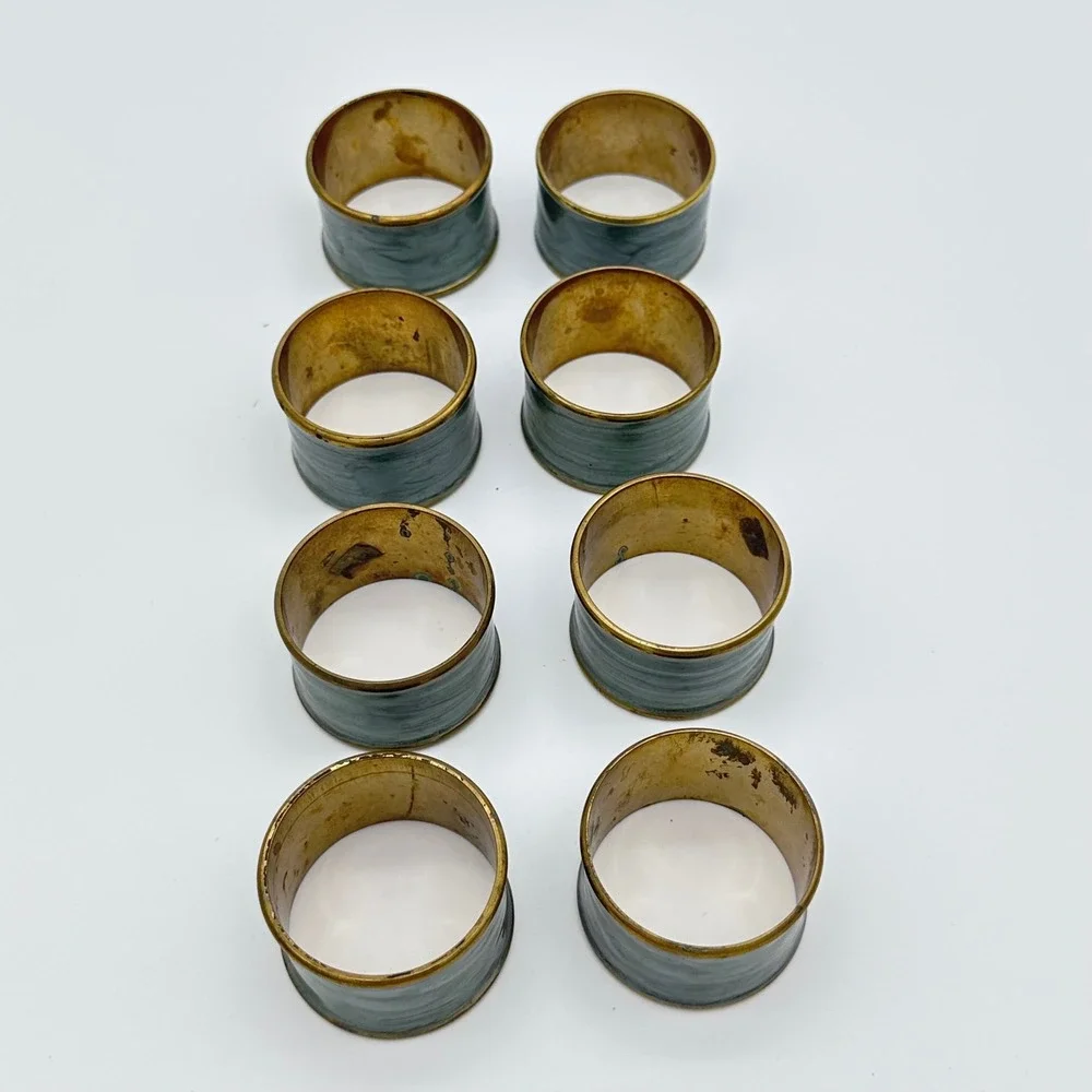Vintage Napkin Rings Set of 8 Gray Enamel Brass Faux Pearlized Marbled